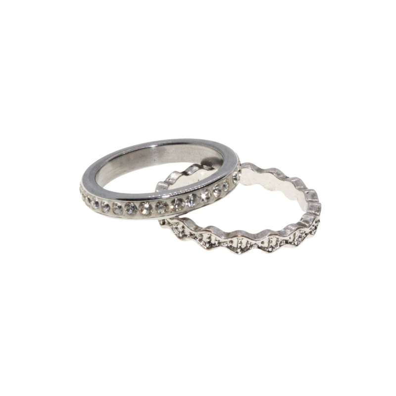 Ring - 2 x Silver Tone Dainty Detailed Bands. One Textured & Other Surrounded by Diamantes - ML3137