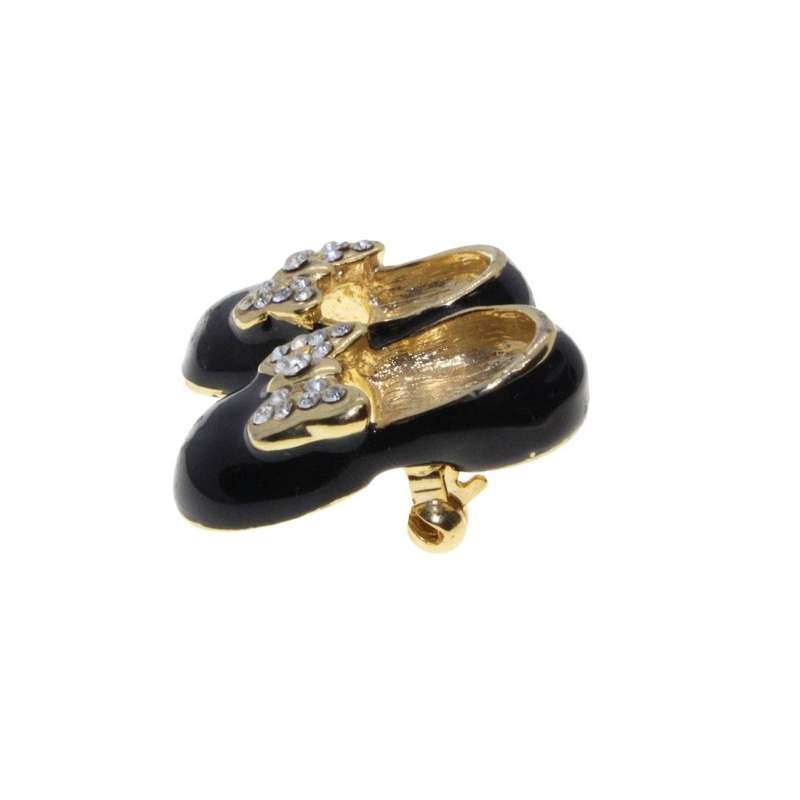 Brooch - Gold Tone Beautifully Designed Dainty Doll Shoes. Black Enamel with Diamantes - ML3138