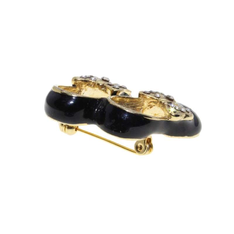 Brooch - Gold Tone Beautifully Designed Dainty Doll Shoes. Black Enamel with Diamantes - ML3138