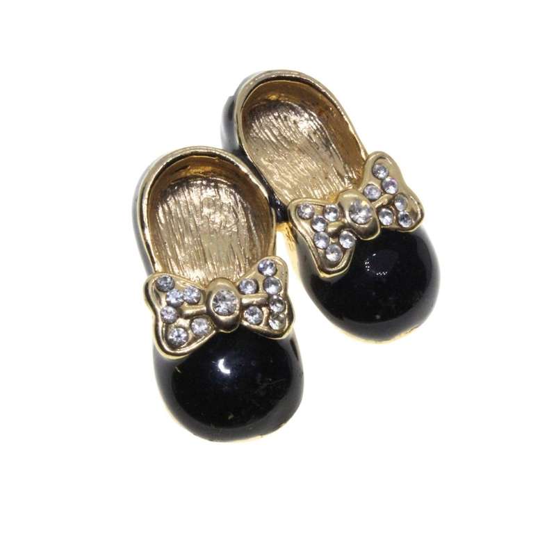Brooch - Gold Tone Beautifully Designed Dainty Doll Shoes. Black Enamel with Diamantes - ML3138