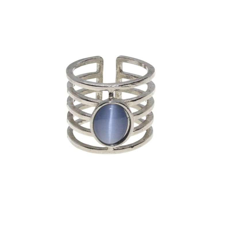 Ring - Silver Tone 5 Strand Wide Band with Milky Blue Centre Stone - ML3139