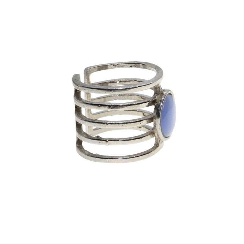 Ring - Silver Tone 5 Strand Wide Band with Milky Blue Centre Stone - ML3139