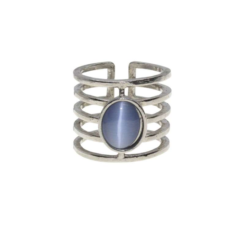Ring - Silver Tone 5 Strand Wide Band with Milky Blue Centre Stone - ML3139