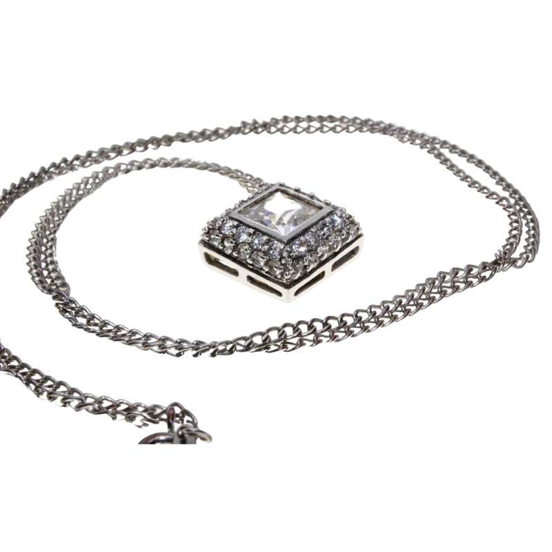 Necklace - Silver Tone Chain with Gorgeous Diamante filled Square Pendant. Square Diamante - ML3140
