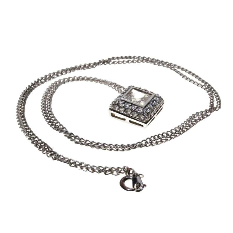 Necklace - Silver Tone Chain with Gorgeous Diamante filled Square Pendant. Square Diamante - ML3140