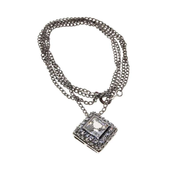 Necklace - Silver Tone Chain with Gorgeous Diamante filled Square Pendant. Square Diamante - ML3140