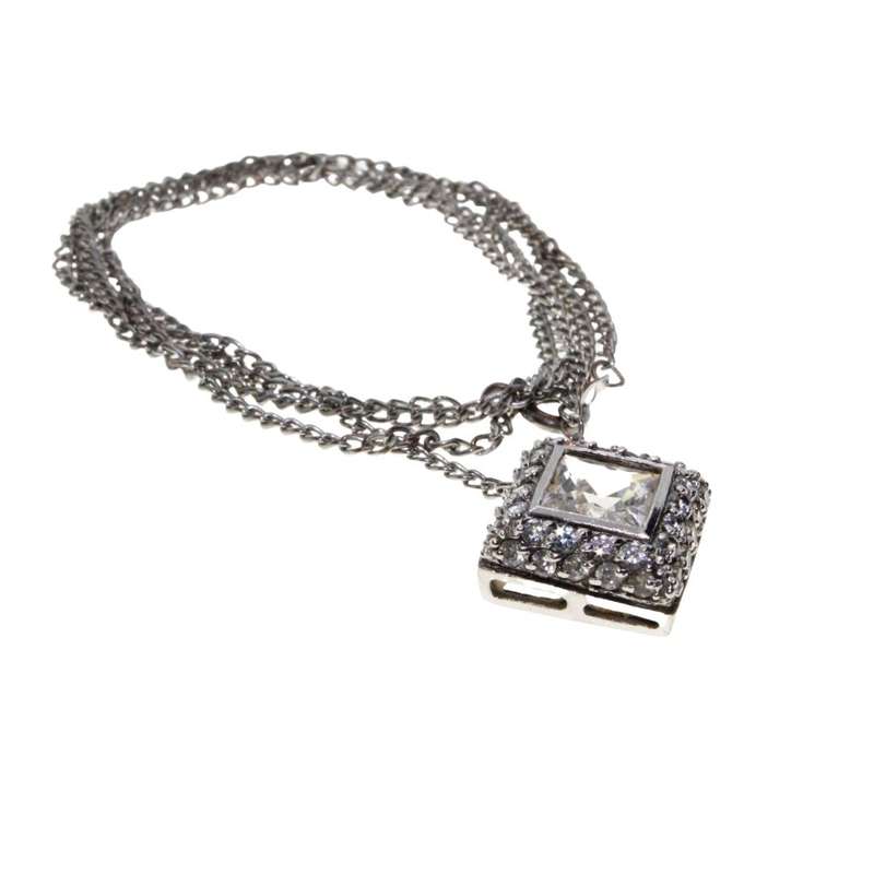 Necklace - Silver Tone Chain with Gorgeous Diamante filled Square Pendant. Square Diamante - ML3140