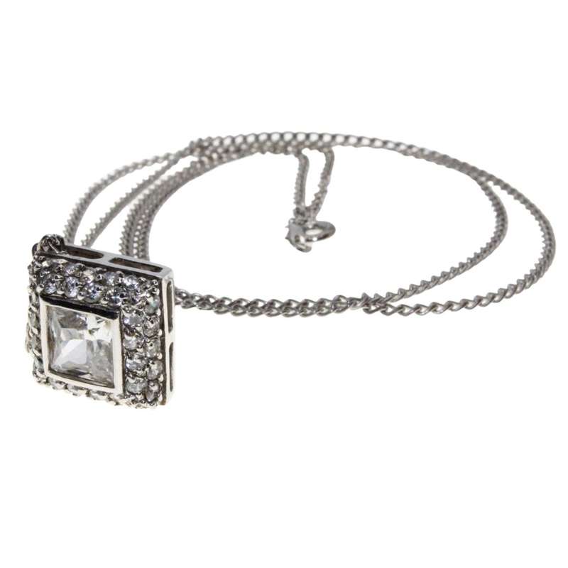 Necklace - Silver Tone Chain with Gorgeous Diamante filled Square Pendant. Square Diamante - ML3140
