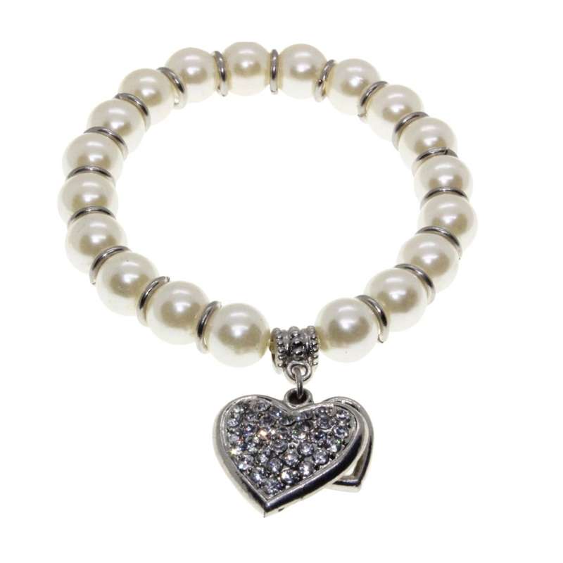 Bracelet - Silver Tone Faux Pearl Bracelet. Silver Tone Heart Pendant covered in Diamantes - ML3142