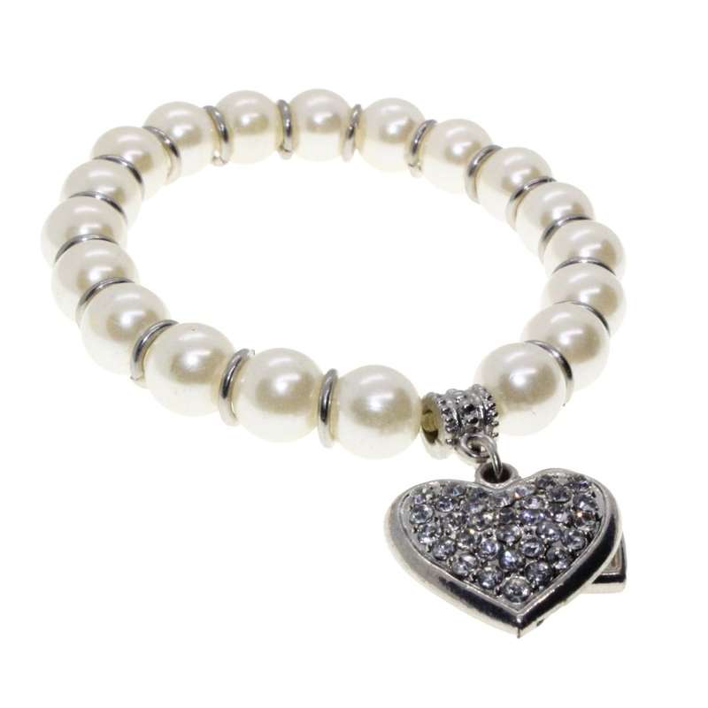 Bracelet - Silver Tone Faux Pearl Bracelet. Silver Tone Heart Pendant covered in Diamantes - ML3142
