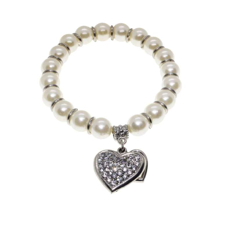 Bracelet - Silver Tone Faux Pearl Bracelet. Silver Tone Heart Pendant covered in Diamantes - ML3142