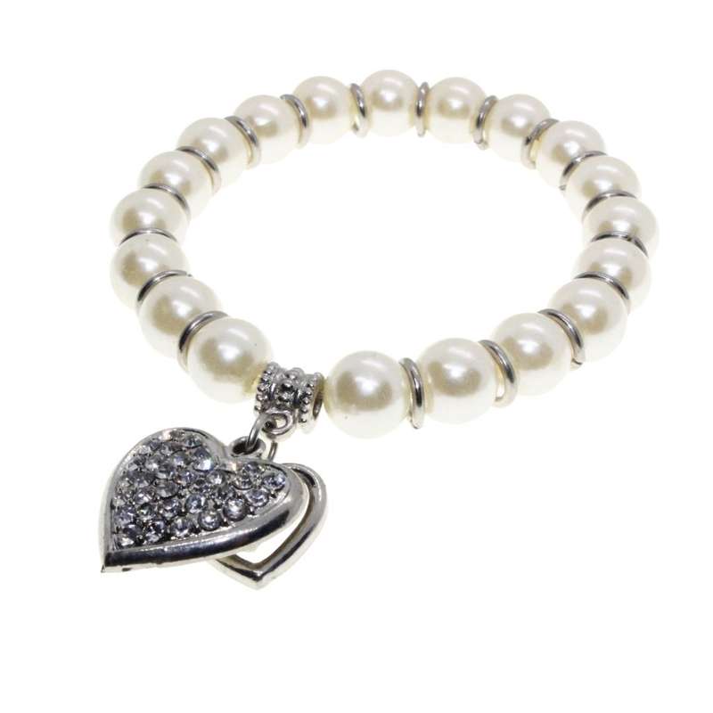 Bracelet - Silver Tone Faux Pearl Bracelet. Silver Tone Heart Pendant covered in Diamantes - ML3142