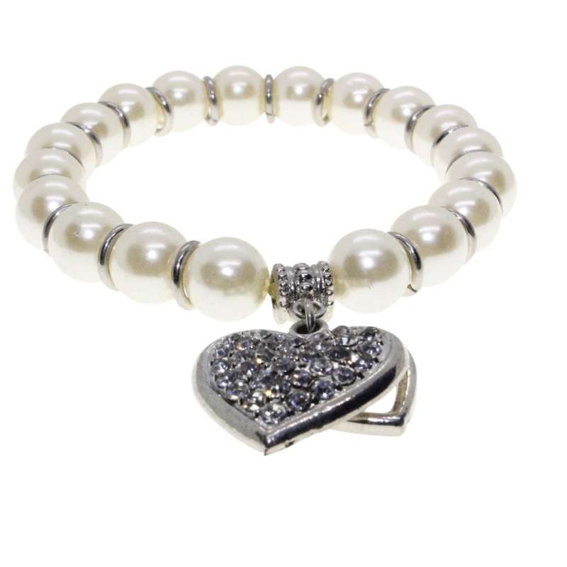 Bracelet - Silver Tone Faux Pearl Bracelet. Silver Tone Heart Pendant covered in Diamantes - ML3142