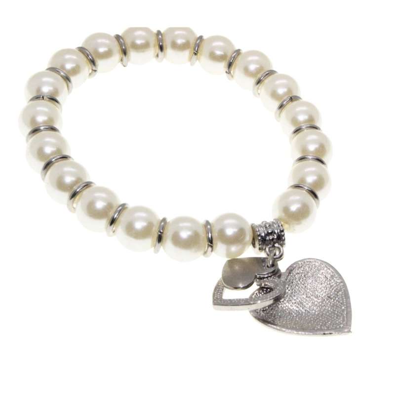 Bracelet - Silver Tone Faux Pearl Bracelet. Silver Tone Heart Pendant covered in Diamantes - ML3142