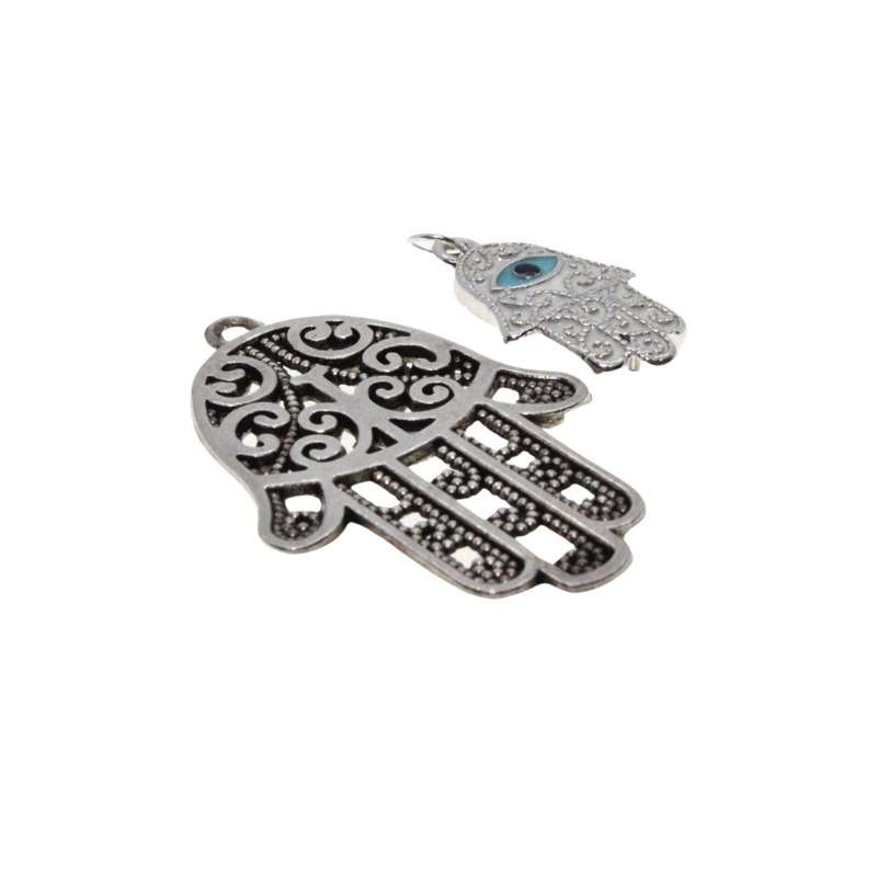 Pendant - 2 x Silver Tone Detailed Hamsa Hands. White & Blue Enamel. Detailed Design - ML3144