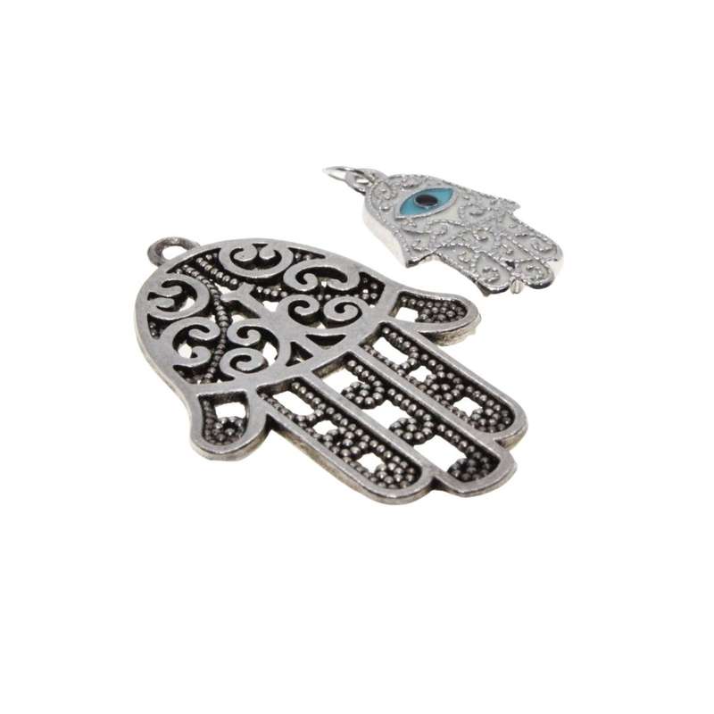 Pendant - 2 x Silver Tone Detailed Hamsa Hands. White & Blue Enamel. Detailed Design - ML3144
