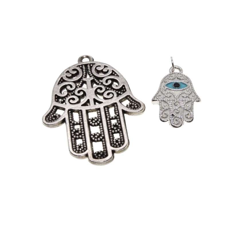 Pendant - 2 x Silver Tone Detailed Hamsa Hands. White & Blue Enamel. Detailed Design - ML3144