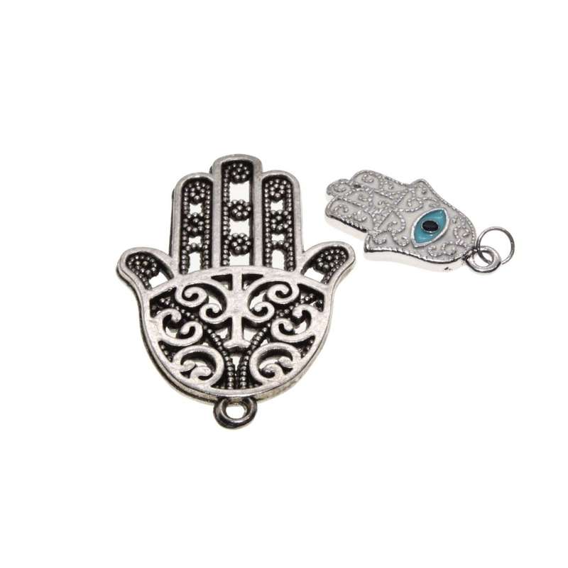 Pendant - 2 x Silver Tone Detailed Hamsa Hands. White & Blue Enamel. Detailed Design - ML3144
