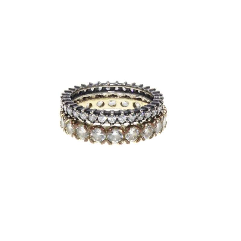 Ring - 2 x Gold Tone & Gun Metal Tone Thin Band Rings. Both Surrounded by Diamantes - ML3145