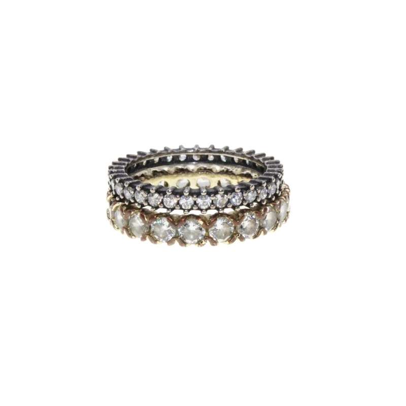 Ring - 2 x Gold Tone & Gun Metal Tone Thin Band Rings. Both Surrounded by Diamantes - ML3145