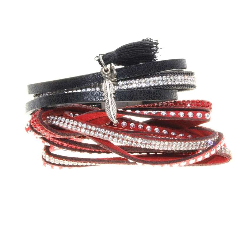 Bracelet - Silver Tone Velvet & Pleather Straps. Red & Black surrounded by Diamantes - ML3147