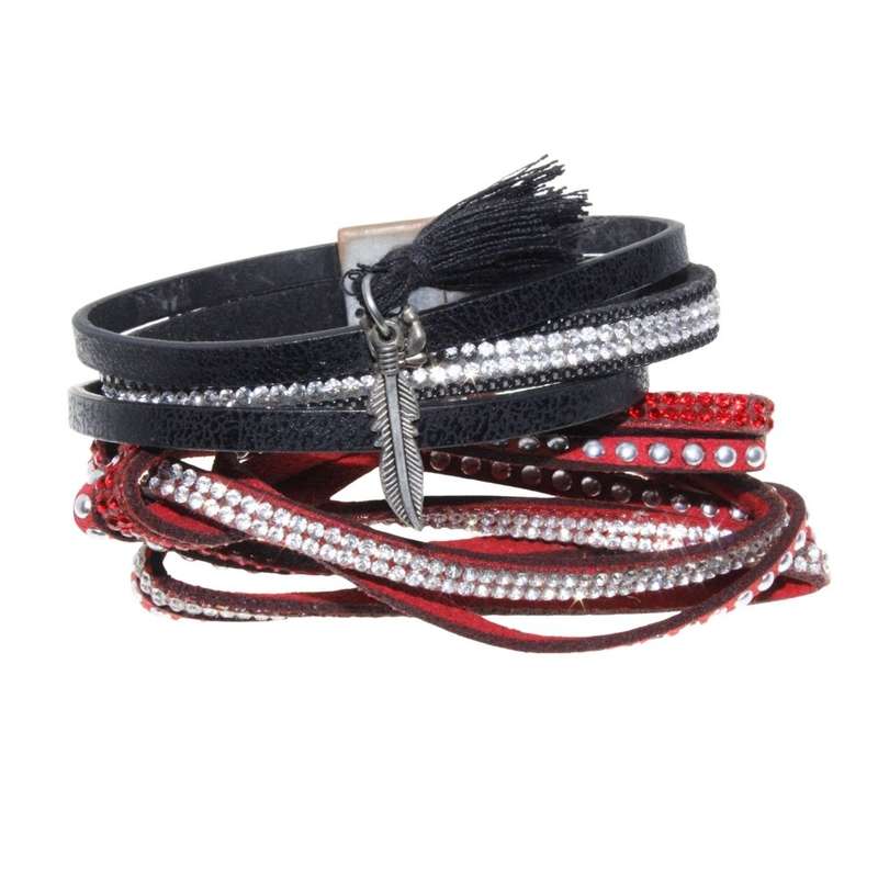 Bracelet - Silver Tone Velvet & Pleather Straps. Red & Black surrounded by Diamantes - ML3147