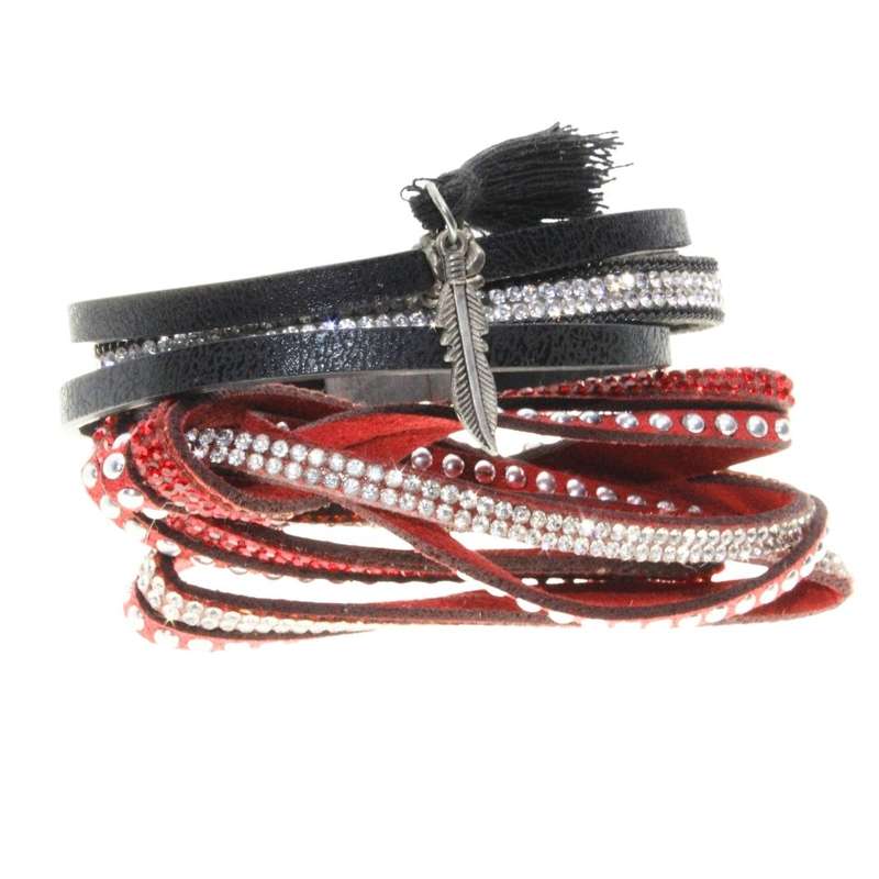 Bracelet - Silver Tone Velvet & Pleather Straps. Red & Black surrounded by Diamantes - ML3147