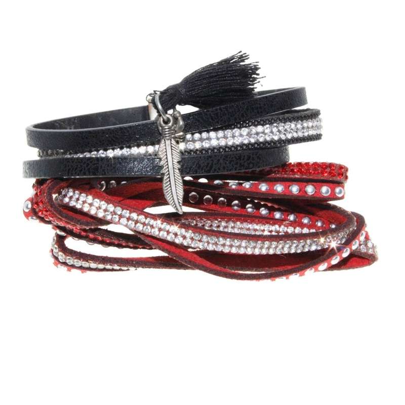 Bracelet - Silver Tone Velvet & Pleather Straps. Red & Black surrounded by Diamantes - ML3147