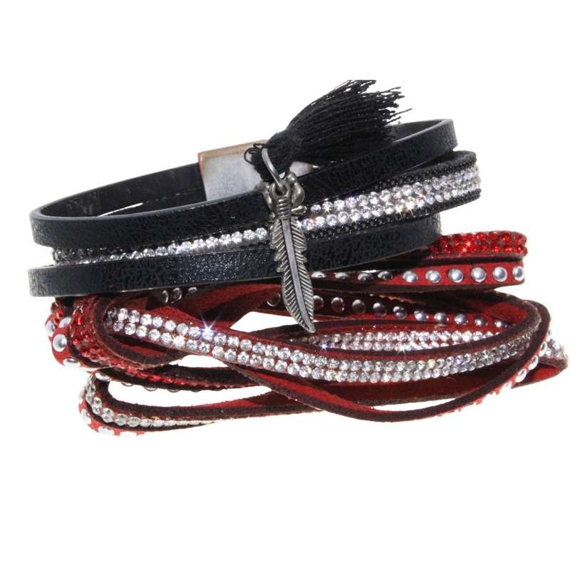 Bracelet - Silver Tone Velvet & Pleather Straps. Red & Black surrounded by Diamantes - ML3147