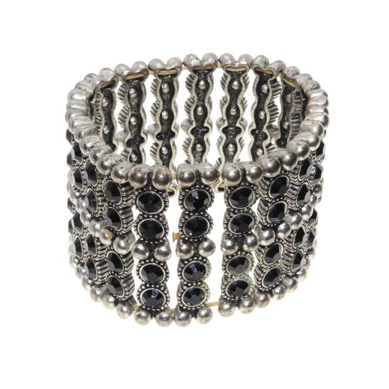 Bracelet - Silver Tone Chunky Wide Expandable Band surrounded with Black Beads - ML3148