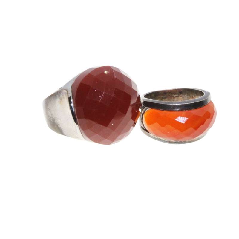 Ring - 925 Silver & Gun Metal Tone Wide Chunky Band. Large Burned Orange & Red Centre Stones - ML...