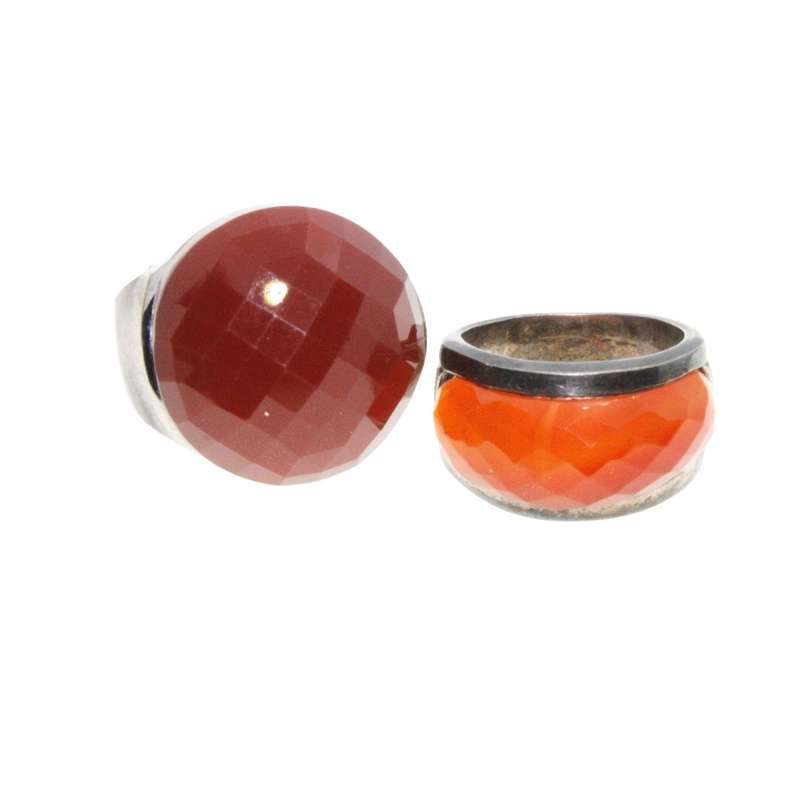 Ring - 925 Silver & Gun Metal Tone Wide Chunky Band. Large Burned Orange & Red Centre Stones - ML...