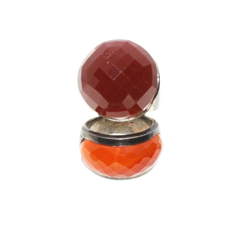 Ring - 925 Silver & Gun Metal Tone Wide Chunky Band. Large Burned Orange & Red Centre Stones - ML...
