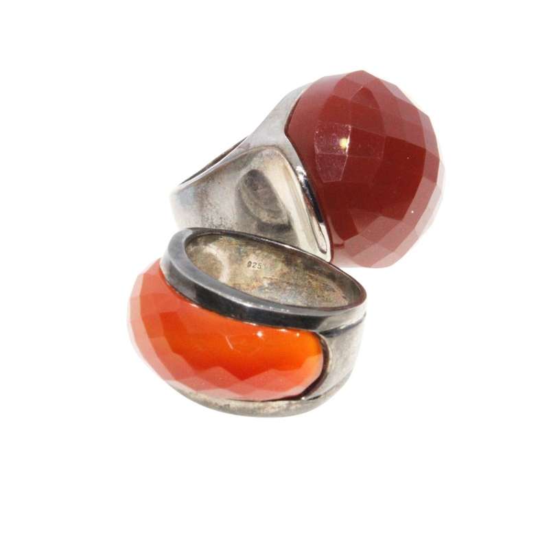 Ring - 925 Silver & Gun Metal Tone Wide Chunky Band. Large Burned Orange & Red Centre Stones - ML...