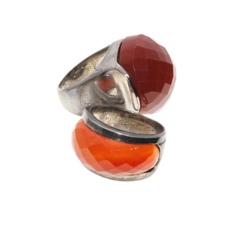 Ring - 925 Silver & Gun Metal Tone Wide Chunky Band. Large Burned Orange & Red Centre Stones - ML...