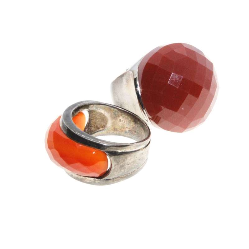 Ring - 925 Silver & Gun Metal Tone Wide Chunky Band. Large Burned Orange & Red Centre Stones - ML...