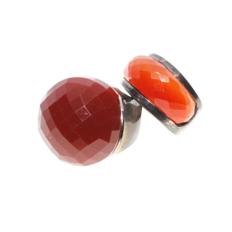 Ring - 925 Silver & Gun Metal Tone Wide Chunky Band. Large Burned Orange & Red Centre Stones - ML...