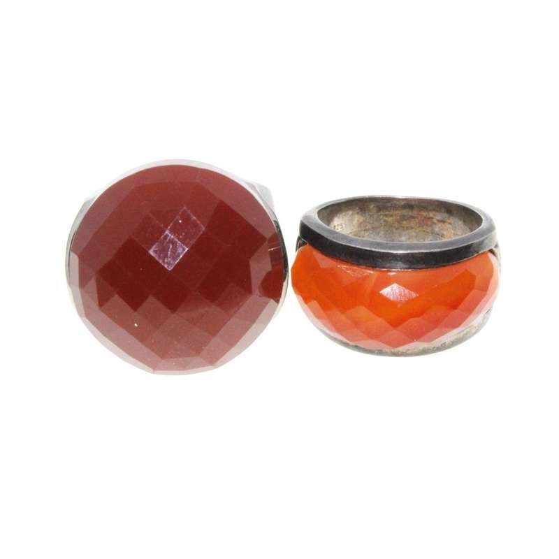 Ring - 925 Silver & Gun Metal Tone Wide Chunky Band. Large Burned Orange & Red Centre Stones - ML...