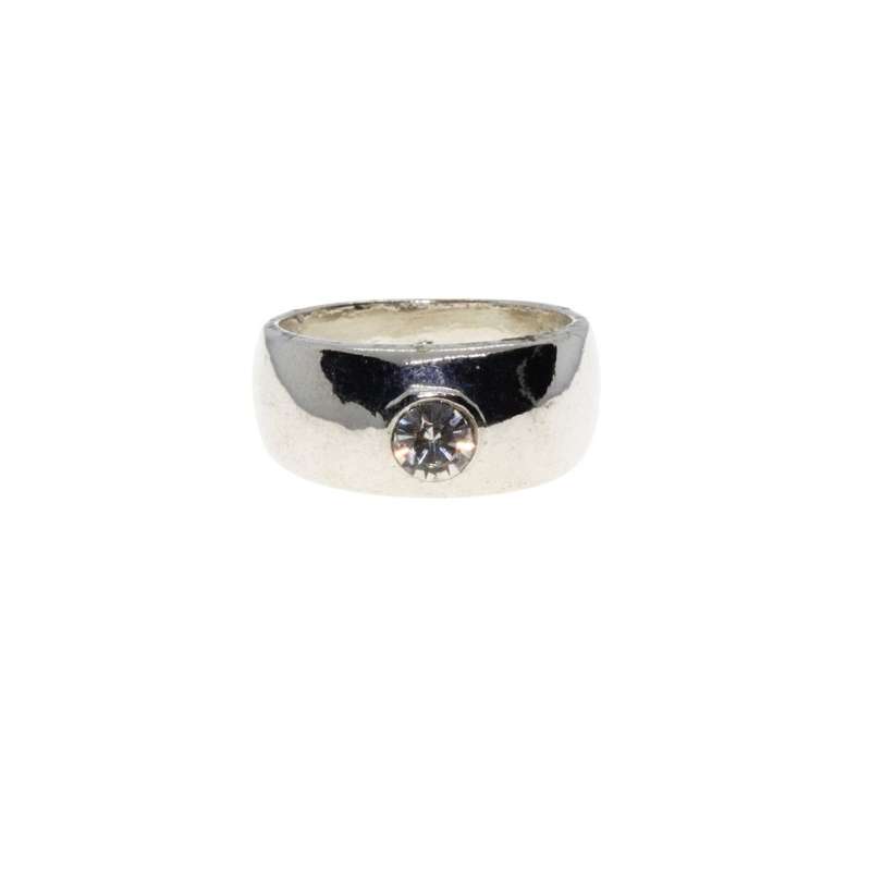 Ring - Silver Tone Wide Chunky Band with Small Solitaire Style Diamante in Centre - ML3151
