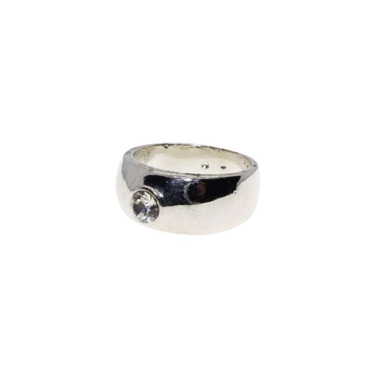 Ring - Silver Tone Wide Chunky Band with Small Solitaire Style Diamante in Centre - ML3151