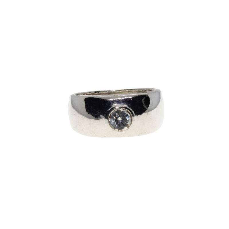 Ring - Silver Tone Wide Chunky Band with Small Solitaire Style Diamante in Centre - ML3151