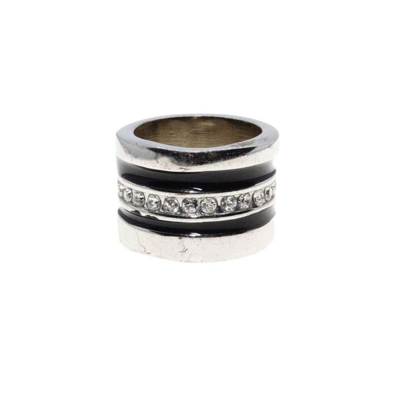 Ring - Silver Tone Chunky Wide Band with Black Enamel & Clear Diamantes - ML3152