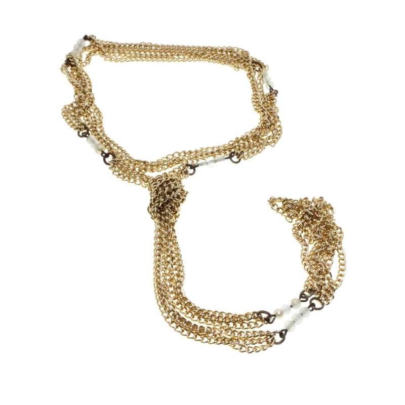 Necklace - Gold Tone 3 Strand Dainty Fashion Knot Necklace. Small Milky Blue Beads - ML3154