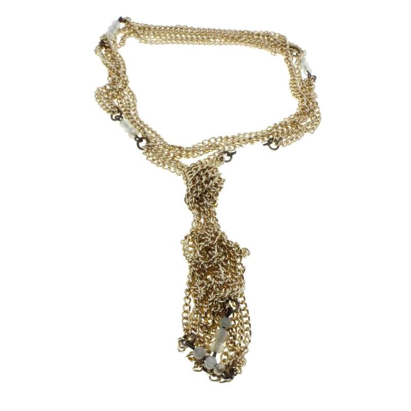 Necklace - Gold Tone 3 Strand Dainty Fashion Knot Necklace. Small Milky Blue Beads - ML3154