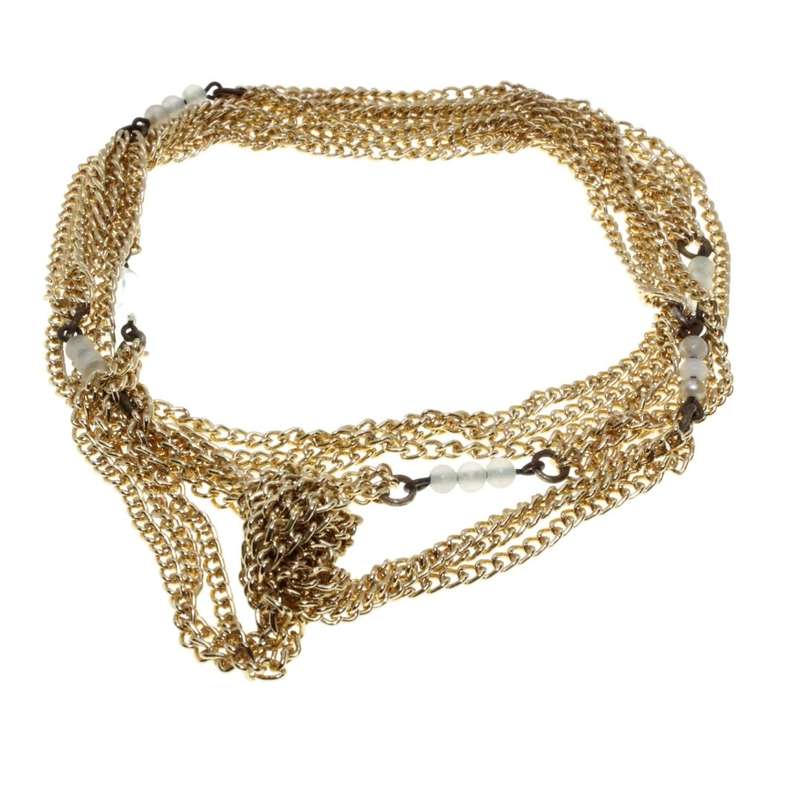 Necklace - Gold Tone 3 Strand Dainty Fashion Knot Necklace. Small Milky Blue Beads - ML3154
