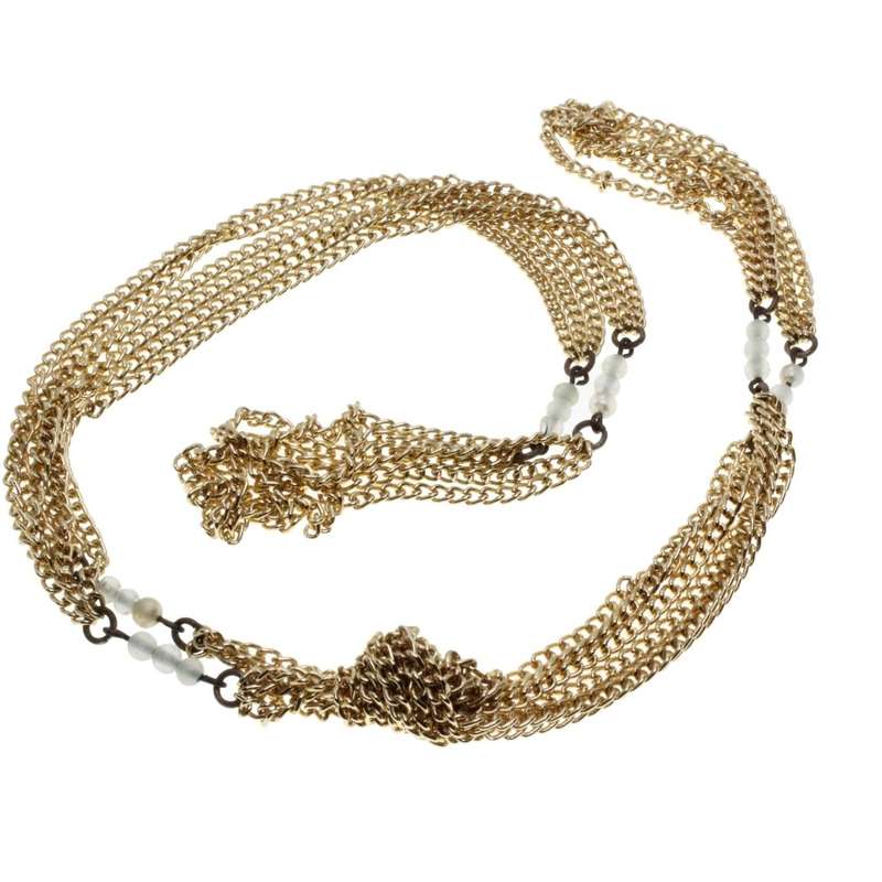 Necklace - Gold Tone 3 Strand Dainty Fashion Knot Necklace. Small Milky Blue Beads - ML3154