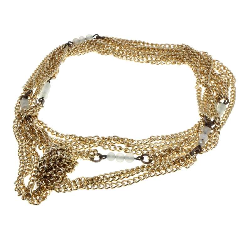 Necklace - Gold Tone 3 Strand Dainty Fashion Knot Necklace. Small Milky Blue Beads - ML3154