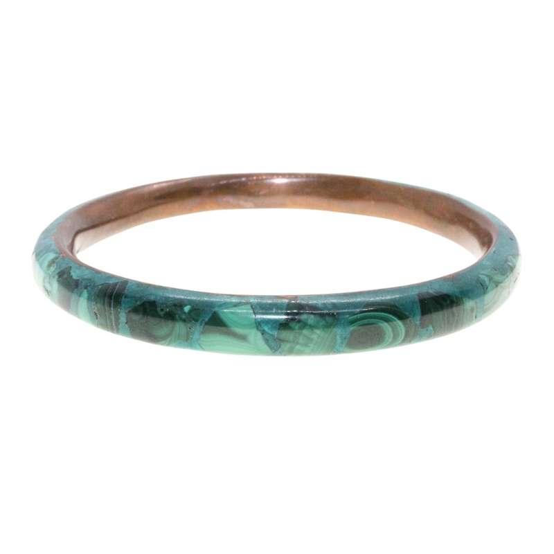 Bangle - Vintage Brass Bangle with Malachite. Two Tones of Emerald Green - ML3157