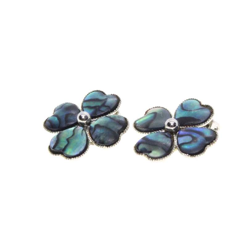 Earrings - Silver Tone Vintage Paua Shell Four Leaf Clover Clip On Earrings - ML3159