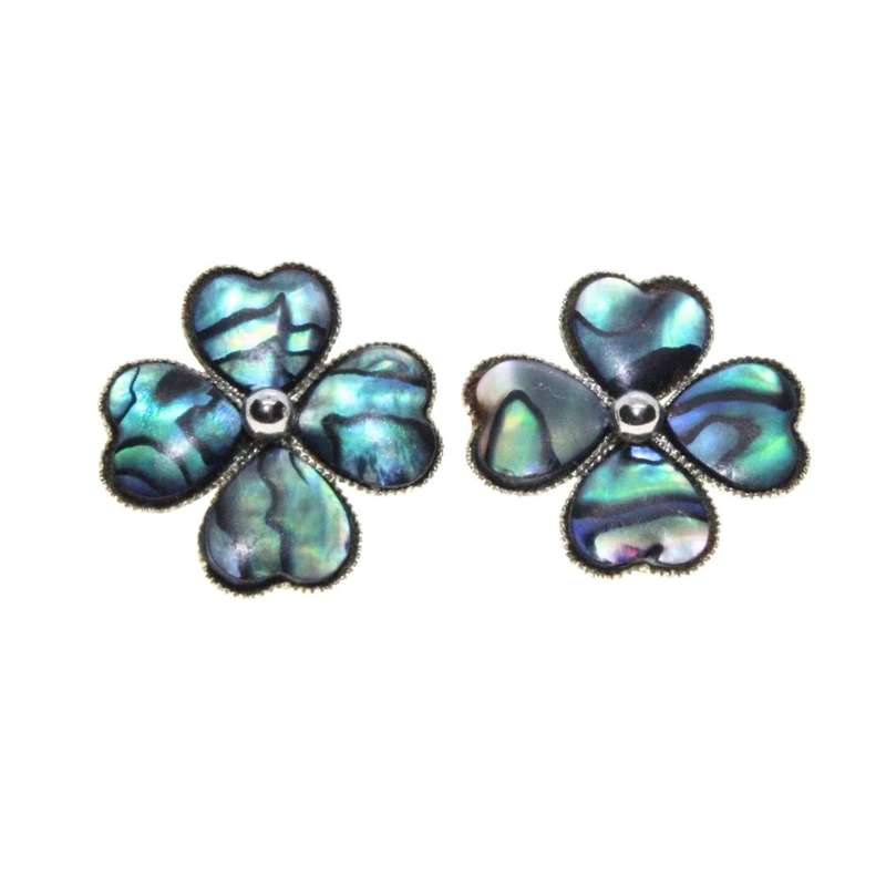 Earrings - Silver Tone Vintage Paua Shell Four Leaf Clover Clip On Earrings - ML3159